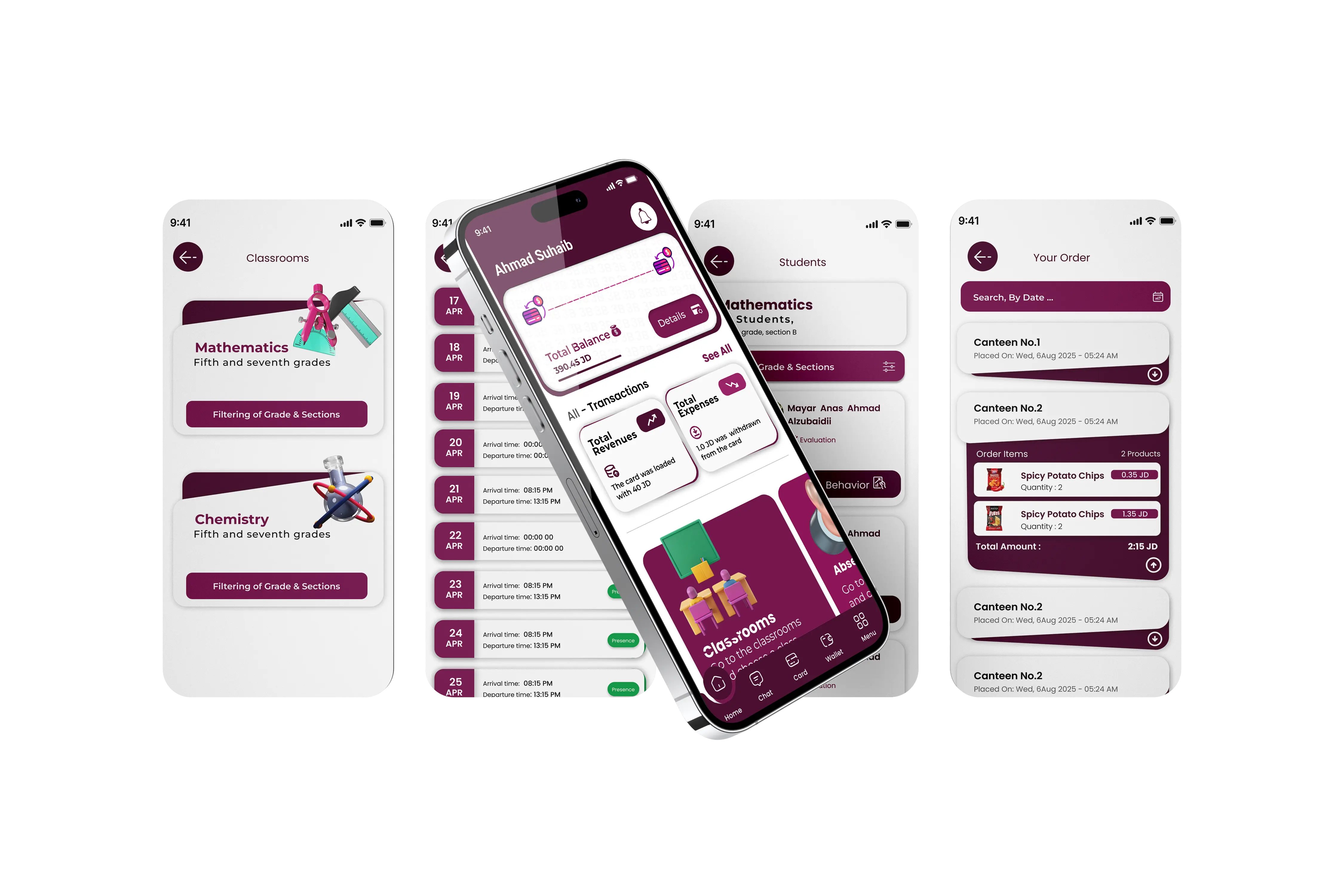 3B Teacher App screen showing attendance and grades